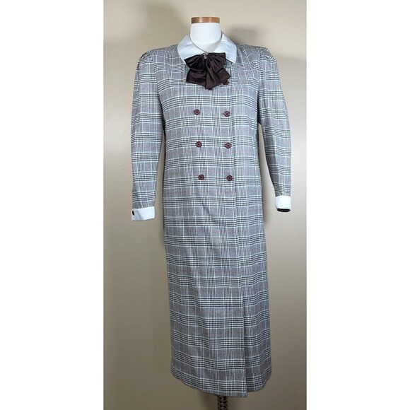 Vintage 80s  Plaid Dress Double Breasted Big Bow Contrast Collar C-38.5" Midi - Picture 3 of 16